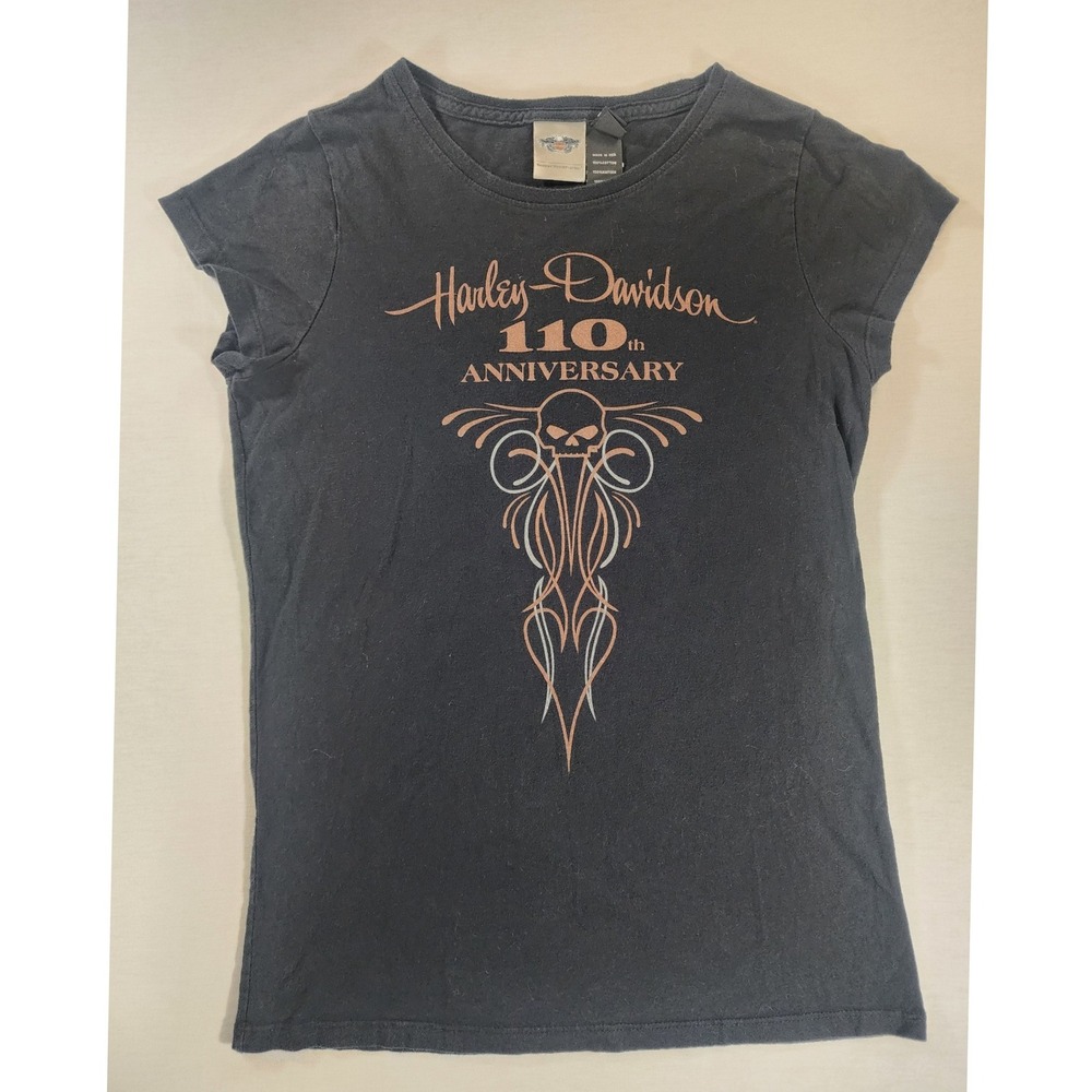 Harley Davidson T-Shirt Women L 110th Anniversary Black Cotton Skull Graphic Tee